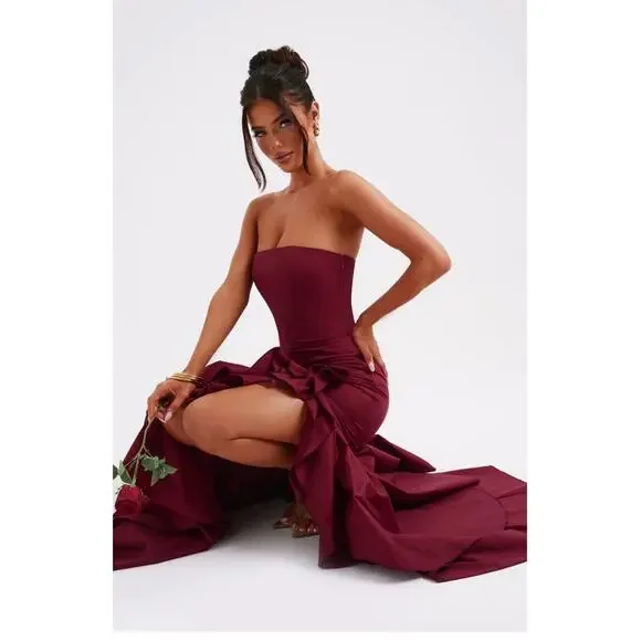 Babyboo Angelina Strapless Ruffle Maxi Dress NWT Burgundy Formal Gown Sz Small - Picture 10 of 12